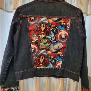 Upcycled Kids Unisex Denim Jacket with Superhero Print